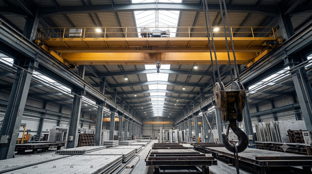 "Professional industrial photography of overhead bridge crane inside large precast concrete factory, massive steel bridge crane spanning full width of industrial hall, concrete precast elements and molds visible below on factory floor, dramatic perspective from ground level looking up at crane structure, industrial lighting with natural light from skylights, steel cable and hook visible in foreground, photorealistic industrial atmosphere, 16:9 ratio, no people visible" `--ar 16:9 --style raw --v 6`