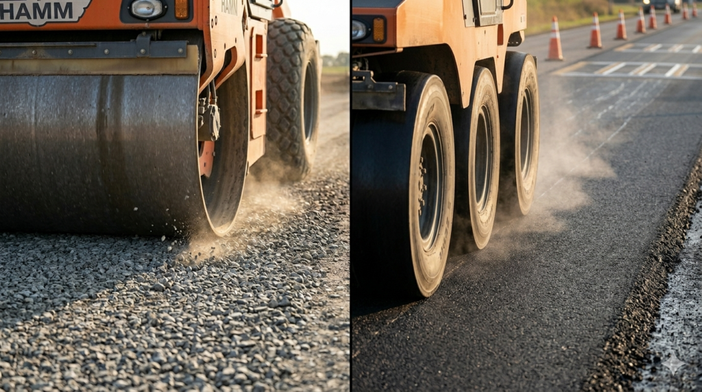 "Professional photography of pneumatic tired roller compactor working on hot asphalt road surface, multiple rubber tires visible in staggered arrangement, steam rising slightly from warm asphalt, fresh black asphalt texture showing smooth sealed finish behind machine, construction zone with road markings cones visible, golden afternoon light, photorealistic road construction photography, 16:9 ratio, no people visible" --ar 16:9 --style raw --v 6