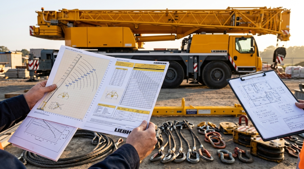 "Professional technical photography of crane lift planning session, engineer's hands holding detailed load chart abaque document beside large all terrain crane Liebherr LTM on construction site, rigging equipment visible in foreground including steel cables slings shackles and spreader bar laid out on ground, site plans and calculations visible on clipboard, golden morning light, realistic documentary photography style, 16:9 ratio, sharp focus on documents and rigging equipment, no faces visible" `--ar 16:9 --style raw --v 6`