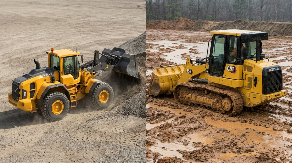 "Split scene photography, left side showing wheeled loader Volvo L90 working on dry compacted gravel yard with good traction, right side showing tracked loader Caterpillar 953 working on wet muddy clay terrain in rainy conditions, dramatic contrast between two environments, realistic construction site photography, natural lighting, photorealistic, 16:9 ratio, no people, wide establishing shot" `--ar 16:9 --style raw --v 6`