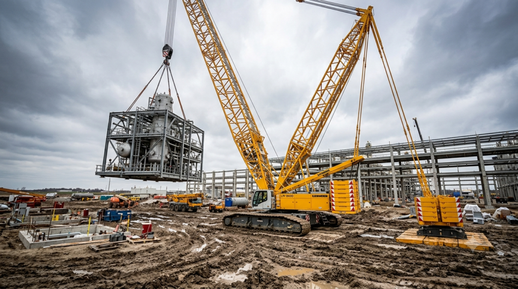 Grues "Dramatic wide angle photography of large crawler crane Liebherr LR 1300 lifting massive industrial equipment module on soft ground construction site, full machine visible with extended lattice boom reaching high into overcast sky, muddy unstable terrain surrounding crane showing challenging ground conditions, wide crawler tracks spreading load visibly, industrial plant structure under construction in background, realistic heavy lift construction photography, 16:9 ratio, no people visible, scale emphasized by surrounding equipment" `--ar 16:9 --style raw --v 6`