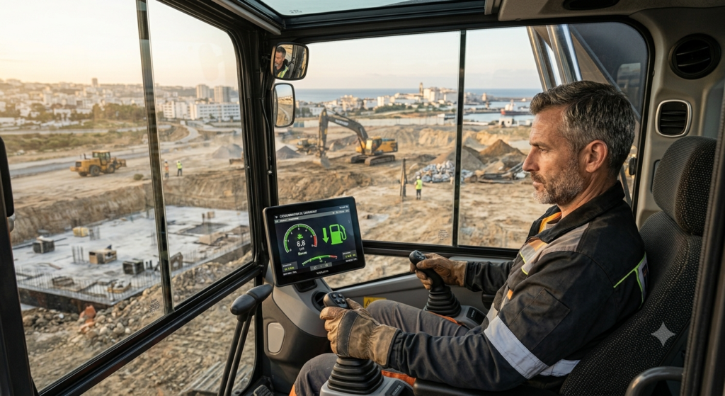 An experienced excavator operator inside a modern cab, fuel consumption display screen showing low consumption, construction site terrassement background, photorealistic, professional photography