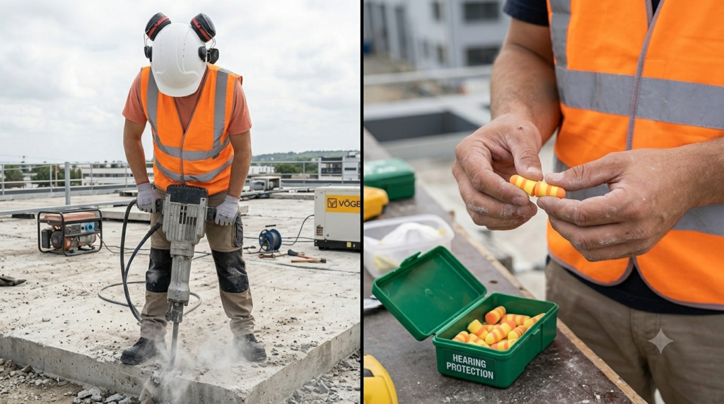 "Close-up professional photography of construction worker wearing FFP3 respirator mask and safety goggles while grinding concrete wall with angle grinder, visible dust cloud surrounding work area, orange high visibility vest, construction site interior background with brick and concrete surfaces, natural daylight mixed with work lighting, photorealistic, 16:9 ratio, no face fully visible, focus on mask and dust protection"