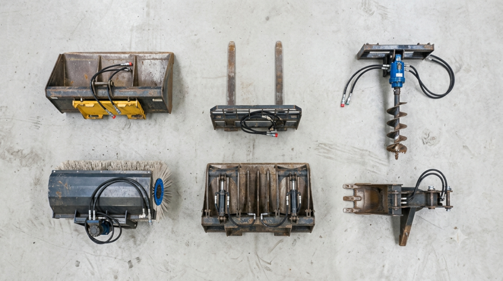 "Flat lay aerial view of multiple compact loader attachments arranged on clean concrete workshop floor — standard bucket, pallet forks, hydraulic auger drill, sweeper brush, grapple bucket, trenching bucket — all heavy steel attachments with hydraulic connectors visible, even natural workshop lighting, sharp focus overall, photorealistic industrial photography, 16:9 ratio, no people" --ar 16:9 --style raw --v 6