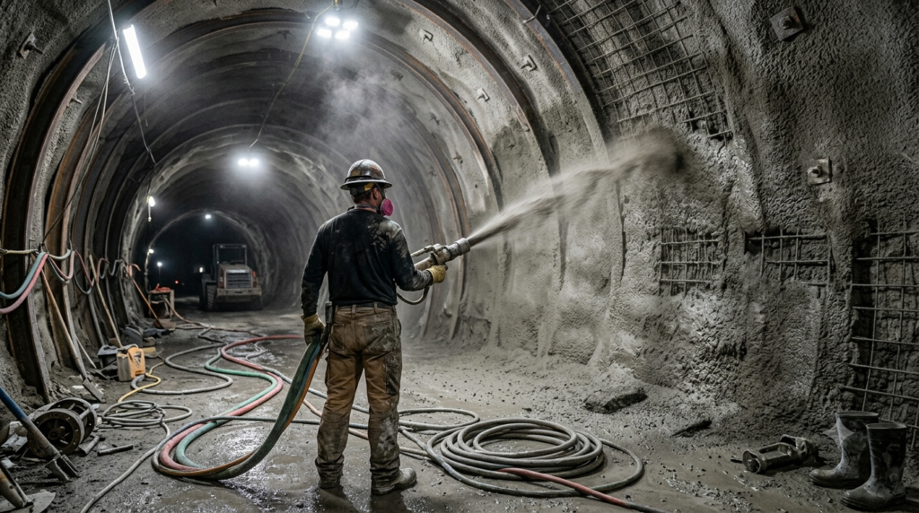 "Professional construction photography of shotcrete spray application inside underground tunnel, worker operating spray nozzle applying wet concrete mixture onto curved tunnel wall surface, visible spray trajectory and concrete buildup on rock support structure, industrial lighting illuminating confined underground space, dust particles visible in air, safety equipment and hoses on tunnel floor, photorealistic underground construction photography, 16:9 ratio, worker shown from behind only, no face visible" `--ar 16:9 --style raw --v 6`