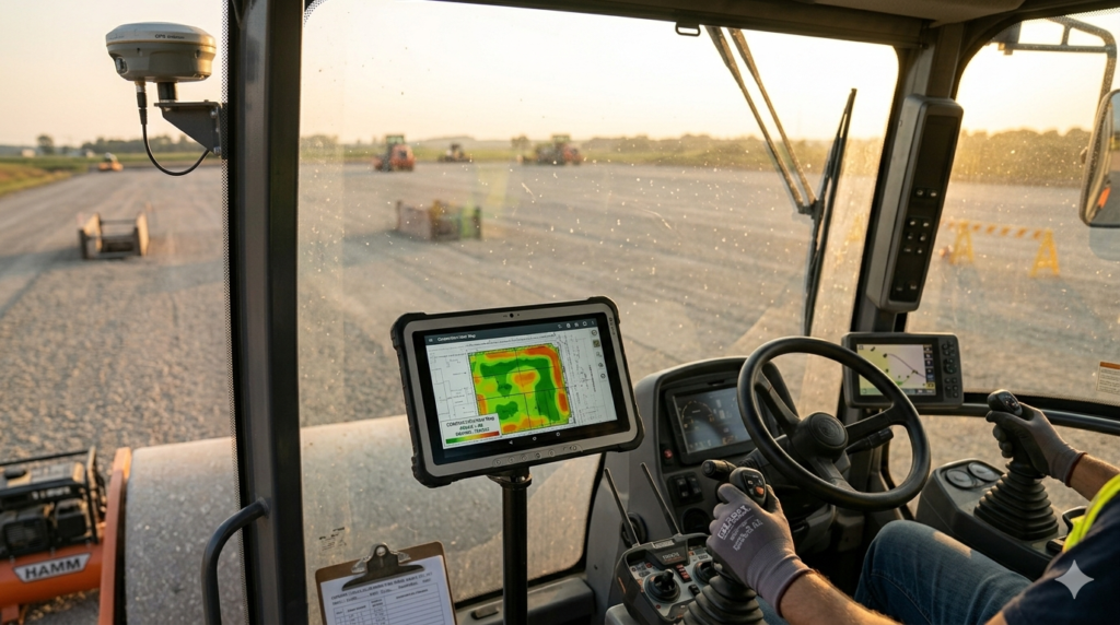 "Professional photography of compaction roller cabin interior, operator's view showing tablet screen mounted on dashboard displaying colorful real-time compaction heat map with green and orange zones overlaid on site plan, through windshield large flat construction platform visible stretching to horizon, GPS antenna visible on roller exterior, golden hour light, photorealistic, 16:9 ratio, cinematic composition, no face visible" `--ar 16:9 --style raw --v 6`