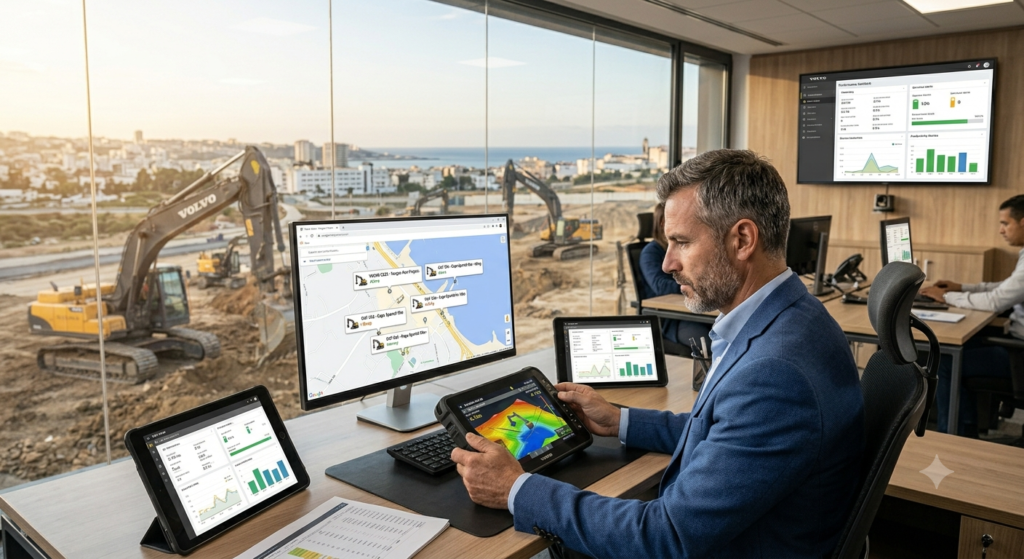 A fleet manager in a modern office monitoring multiple excavators on digital dashboards and tablets, real-time GPS tracking map displayed, construction site visible through window, photorealistic