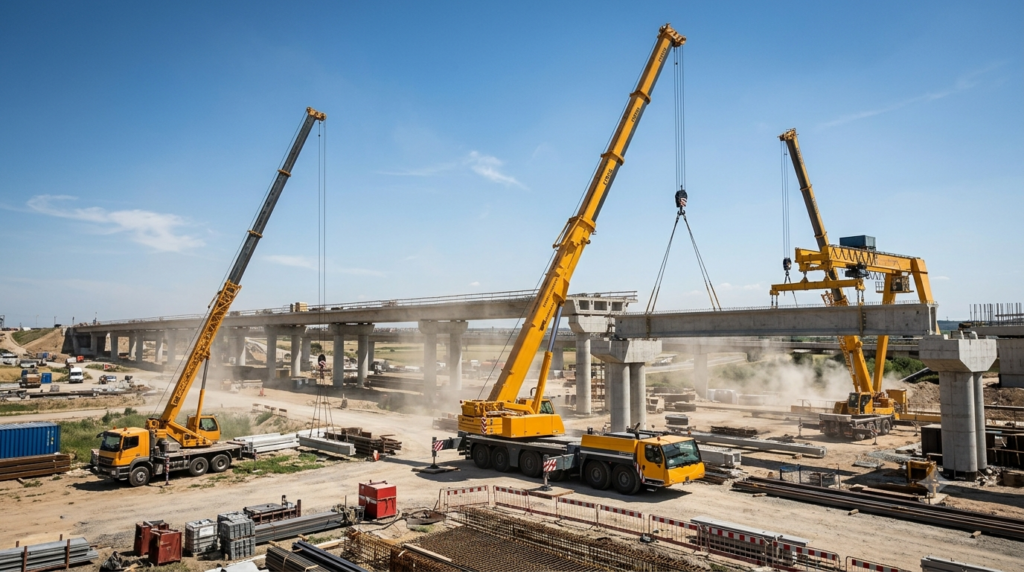 "Wide angle professional photography of three different mobile cranes working simultaneously on large infrastructure construction site, truck mounted crane on left, all terrain crane Liebherr LTM in center lifting heavy concrete beam, semi gantry crane structure on right, dramatic industrial landscape, clear blue sky, concrete bridge structure under construction in background, realistic construction photography, 16:9 ratio, natural daylight, no people visible, dust and scale emphasizing massive equipment" `--ar 16:9 --style raw --v 6`
