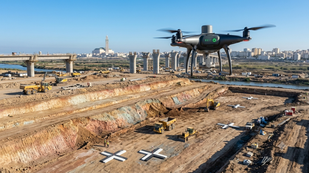 "Professional technical photography of surveyor's hands placing a precision geodetic benchmark brass marker into concrete foundation, IGN reference point visible with engraved coordinates, surveying tripod and total station in soft focus background, natural daylight, realistic field surveying photography, 16:9 ratio, no face visible, sharp focus on benchmark marker"