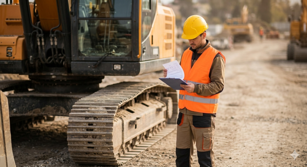 A civil engineer in yellow hard hat and orange safety vest standing next to a large excavator at a construction site, holding a clipboard with documents, reviewing purchase or rental paperwork, professional atmosphere, natural daylight, dust and gravel ground, realistic photography style, shallow depth of field, warm tones — no text, no logos