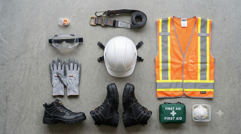 "Professional construction safety photography of worker correctly wearing full body safety harness on rooftop construction site, harness straps clearly visible across chest shoulders and thighs, lanyard connected to horizontal lifeline cable, rooftop edge visible in background with city skyline, natural daylight, photorealistic safety documentation photography, 16:9 ratio, no face visible, focus on harness system and connection points"