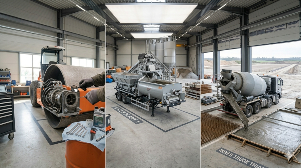 "Professional construction photography showing three concrete mixing equipment types in comparison, small drum concrete mixer on residential construction site in foreground left, mobile site batching plant with pan mixer and silos in middle distance, large concrete mixer truck with rotating drum delivering concrete via chute on right side, varied construction site backgrounds, natural daylight, photorealistic, 16:9 ratio, no people visible, wide establishing shot" `--ar 16:9 --style raw --v 6`