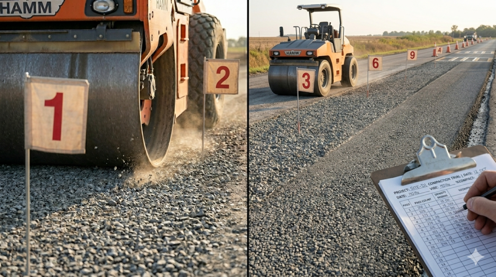 "Professional technical photography of construction site test strip for compaction trial, vibratory roller compactor working on marked test sections with numbered flags indicating different pass counts, gravel surface showing visible progression in texture across the test bands, engineer's clipboard with data chart visible in foreground, natural daylight, realistic field testing photography, 16:9 ratio, no faces visible, sharp focus on test area" --ar 16:9 --style raw --v 6