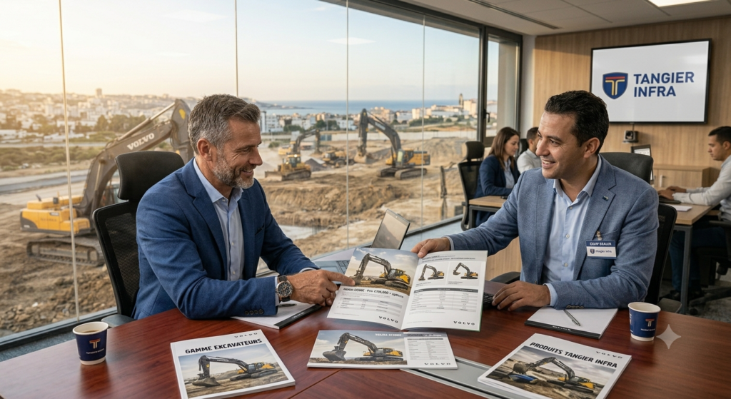 A business meeting between a construction company owner and an equipment dealer, excavator price brochures on table, construction site visible through office window, photorealistic, professional photography
