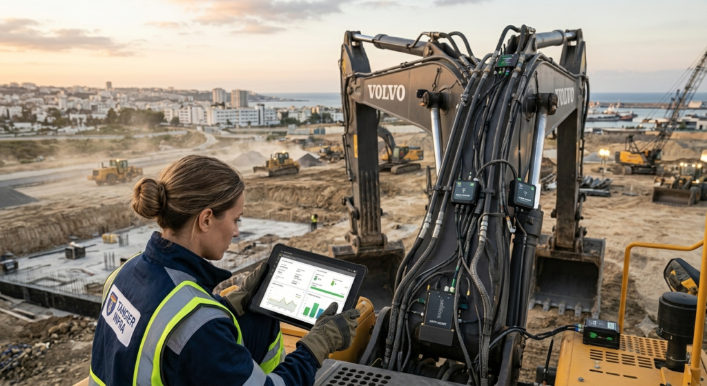 A technician analyzing predictive maintenance data on a tablet next to a large hydraulic excavator, sensors visible on machine components, construction site background, photorealistic, professional photography