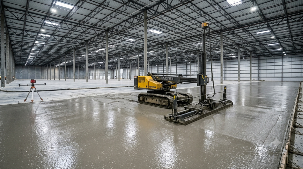 "Professional construction photography of large laser screed machine Somero leveling fresh concrete on massive industrial warehouse floor slab, machine moving across wide concrete surface with rotating laser receiver visible on mast, laser emitter tripod positioned at edge of slab, perfectly smooth wet concrete surface reflecting overhead lighting, vast industrial building interior, photorealistic construction photography, 16:9 ratio, no people visible, wide angle showing scale of slab" `--ar 16:9 --style raw --v 6`