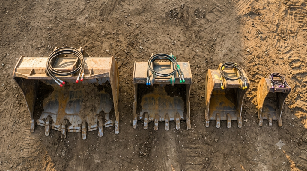 "Overhead flat lay photograph of four different excavator bucket sizes arranged in descending order on dry compacted earth ground, from large 3 cubic meter loader bucket to small compact bucket, showing size comparison clearly, heavy steel construction with visible wear teeth and cutting edges, golden afternoon side lighting highlighting metal texture and dimensions, photorealistic industrial photography, 16:9 ratio, no people" `--ar 16:9 --style raw --v 6`