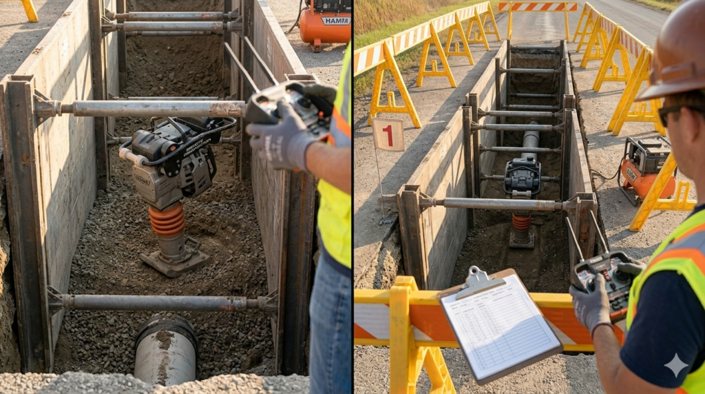 "Professional documentary photography of remote controlled rammer compactor working inside braced utility trench, trench shoring panels visible on both sides, operator standing safely at surface level holding remote control device, looking down into the excavation, buried pipe section visible at bottom of trench, safety barriers around excavation perimeter, natural daylight, realistic construction safety photography, 16:9 ratio, no face visible, sharp focus on trench and equipment" --ar 16:9 --style raw --v 6