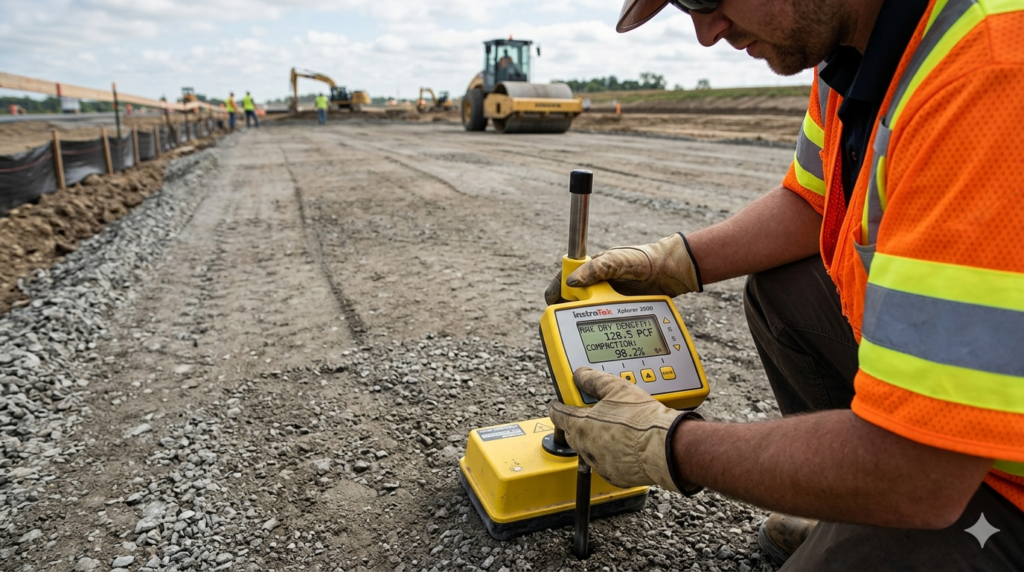 "Professional documentary photography of geotechnical engineer performing nuclear density gauge soil compaction test on construction site, yellow nuclear densitometer device placed on freshly compacted gravel surface, digital readout display visible, compacted earthwork platform stretching into background, safety vest and gloves visible, natural daylight, realistic technical field testing photography, 16:9 ratio, no face visible, sharp focus on testing equipment" `--ar 16:9 --style raw --v 6`