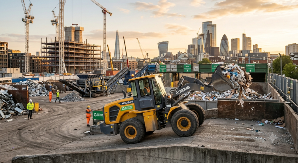 A modern electric wheel loader working on a recycling platform, silent operation, no exhaust, urban construction site background, golden hour lighting, photorealistic, professional photography