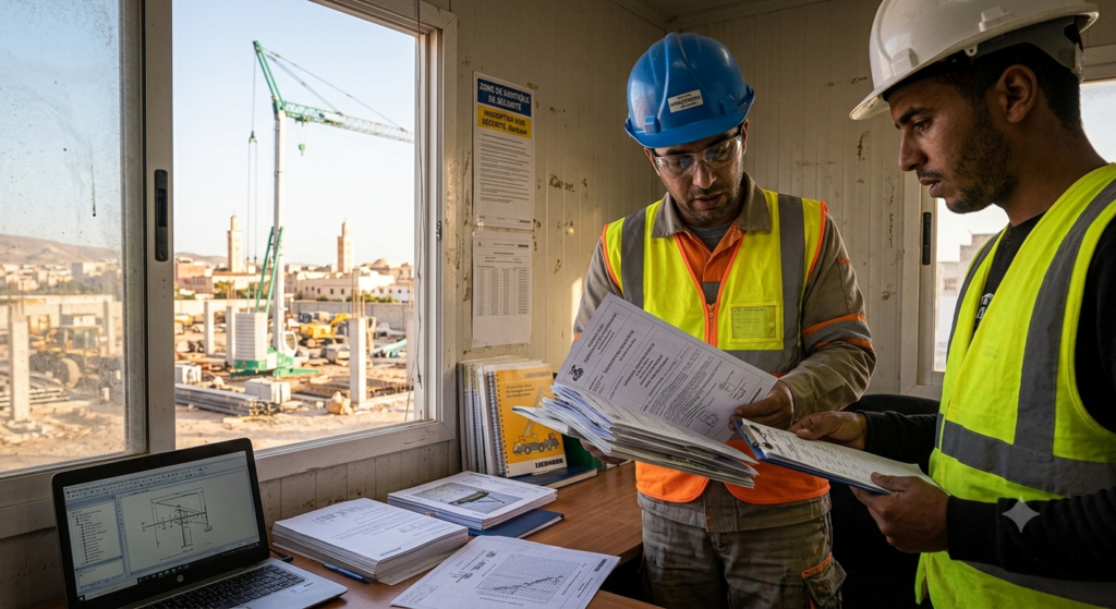 Side by side comparison of a telescopic boom crane and a lattice boom crane on a large construction site, different boom configurations clearly visible, photorealistic, professional photography