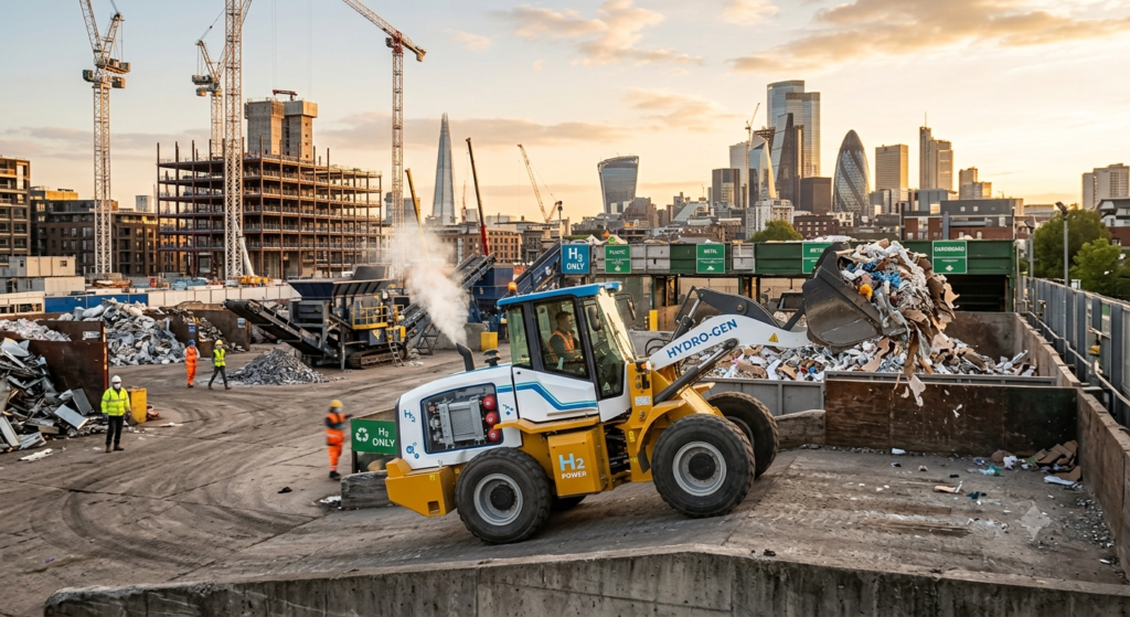 A backhoe loader working in a narrow historic city street, tight urban environment, French architecture background, daytime, photorealistic, professional construction photography