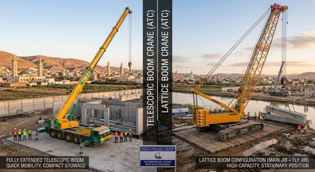 An electric tower crane on an urban construction site with energy consumption display screen visible in cab, modern residential buildings under construction, photorealistic, professional photography