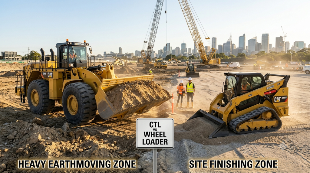 Multiple compact loader attachments displayed on a construction site, pallet fork, bucket with teeth, hydraulic breaker, auger, professional arrangement, photorealistic photography