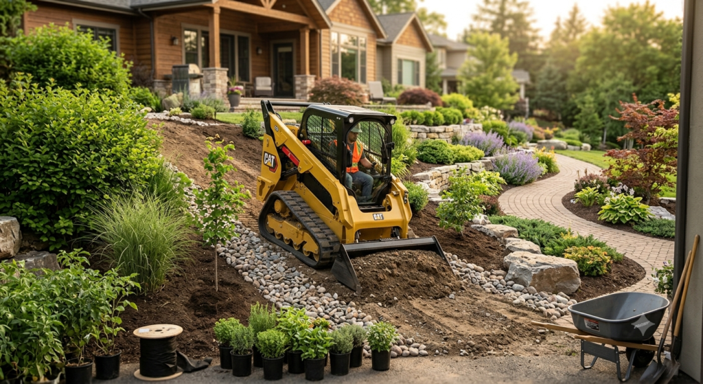 A technician inspecting hydraulic hoses and components on a wheel loader, maintenance workshop, tools visible, safety equipment worn, photorealistic, professional machinery photography