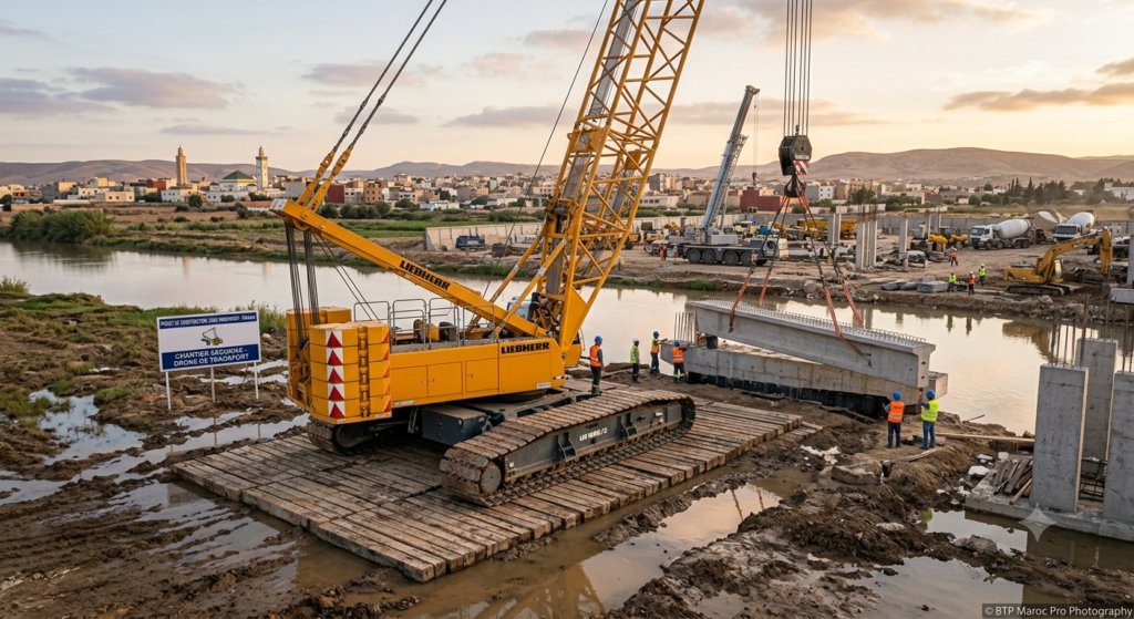 A labor inspector checking crane compliance documents on a construction site, tower crane visible in background, serious professional atmosphere, photorealistic, professional photography