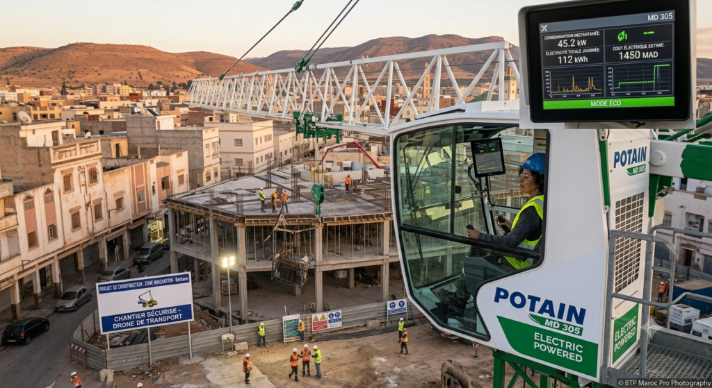 An electric tower crane on an urban construction site with energy consumption display screen visible in cab, modern residential buildings under construction, photorealistic, professional photography