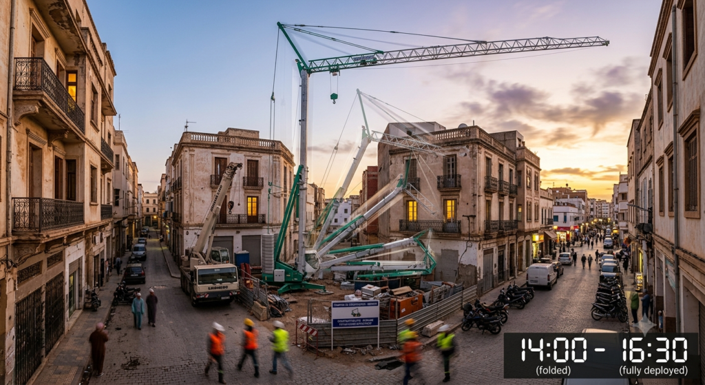 Side by side comparison of an all-terrain crane and a truck-mounted crane on a construction site, different terrain access, photorealistic, professional lifting photography