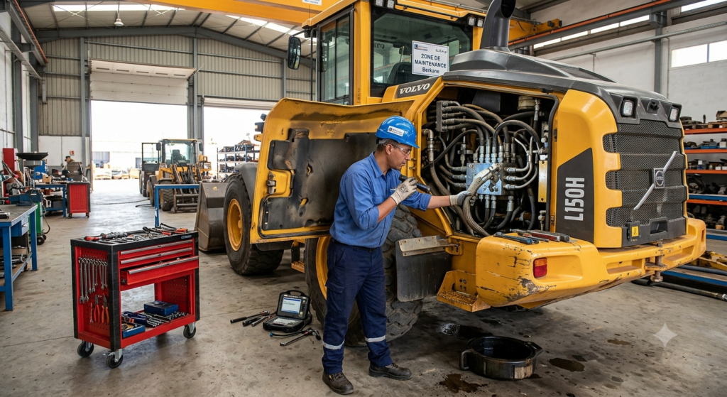 A tracked loader and a wheeled loader working side by side on different terrain types, one on muddy ground one on compacted surface, photorealistic, professional BTP photography