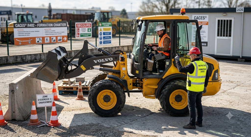 Side by side comparison of a large wheel loader and a compact track loader on a construction site, different terrain zones, photorealistic, professional BTP photography, wide angle